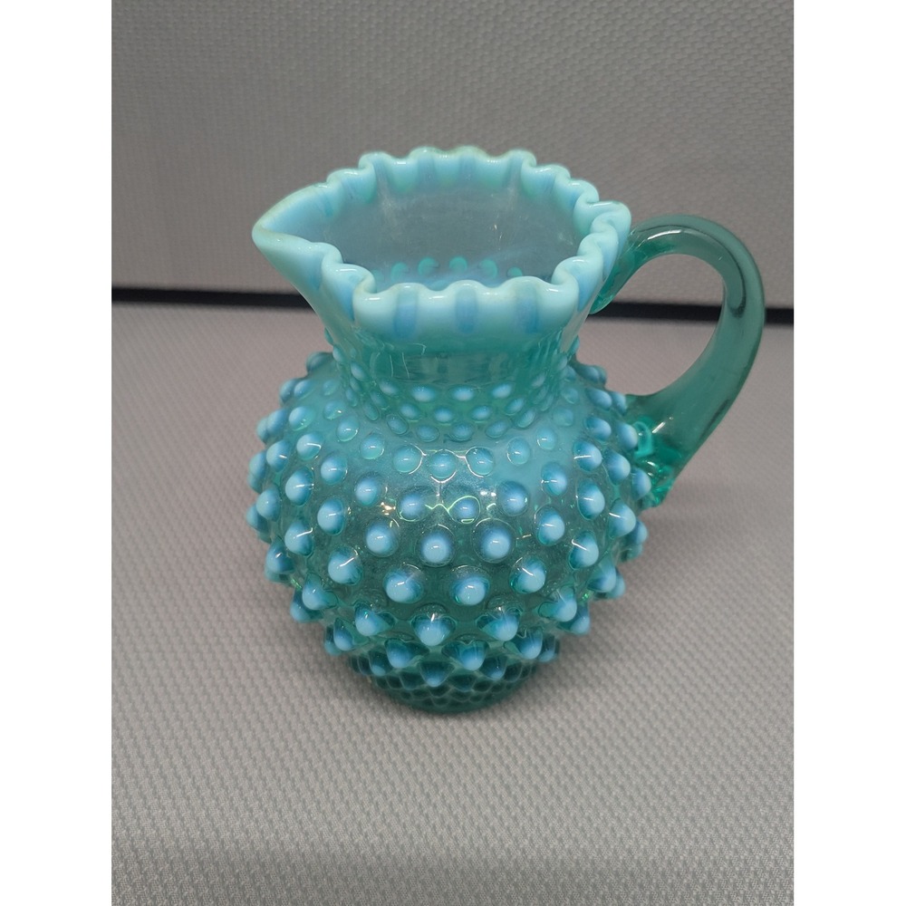 VTG Fenton (?) Teal Blue Opalescent Hobnail Glass Pitcher Ruffled Rim Creamer
